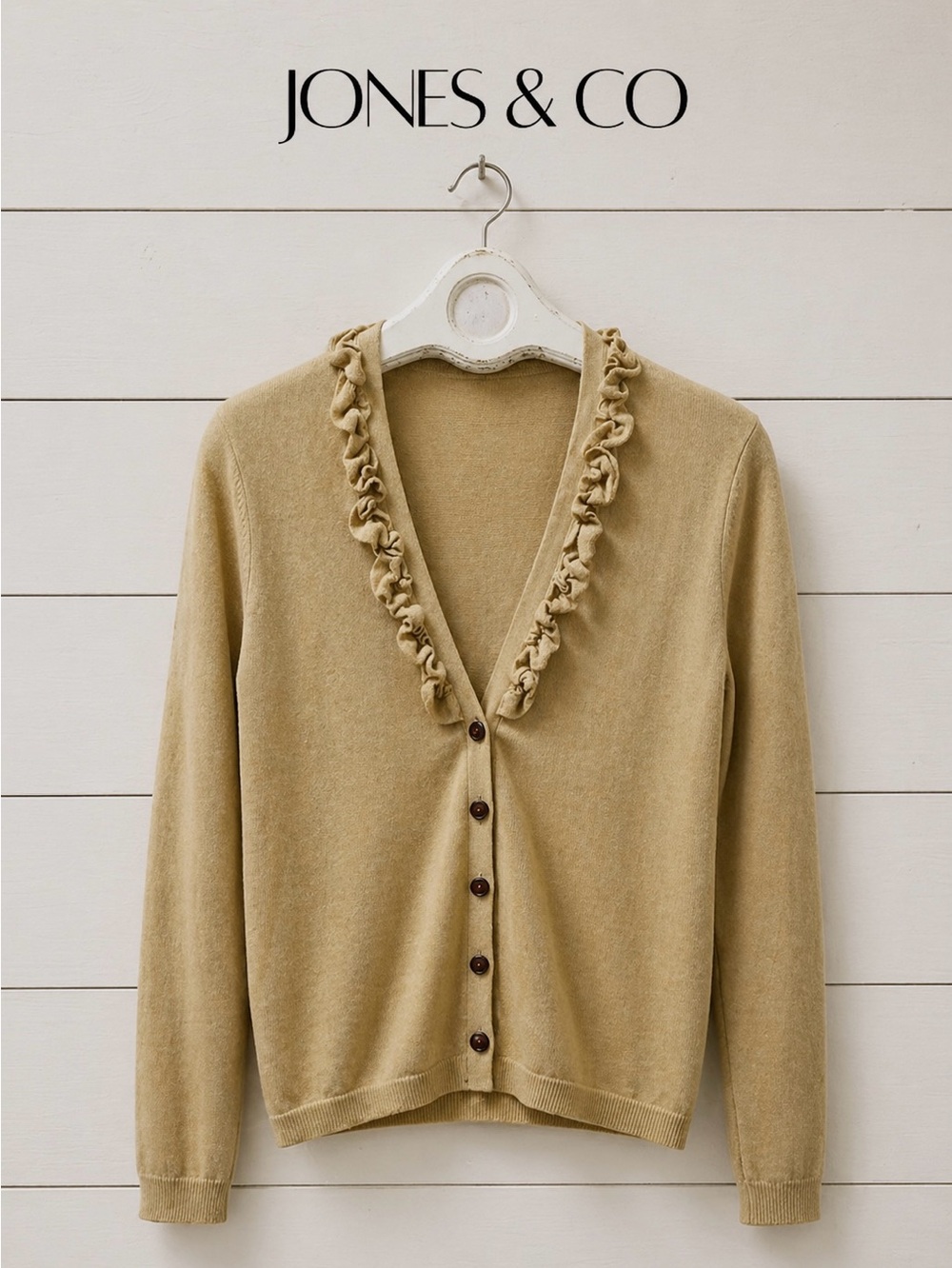 JONES & CO. Beige Ruffled V-Neck Cardigan – Size L